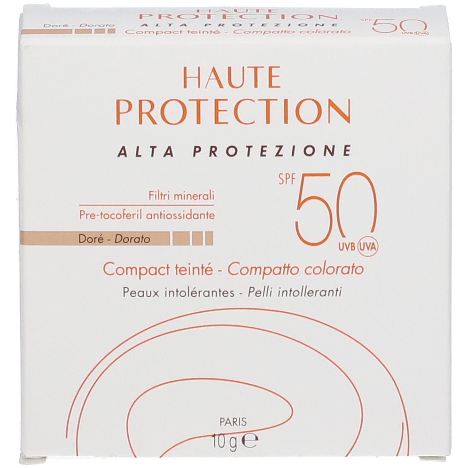 Weiße Schachtel und runder Kompaktpuder. Text: Haute Protection, SPF 50, Compact teinté, Doré. 10g.