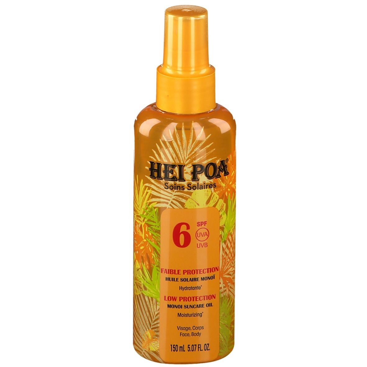Flacon de spray d'huile solaire avec tête de pulvérisation jaune. Inscription : HEI POA, SPF 6. Avec des imprimés de feuilles et de fleurs. Flacon de 150 ml.