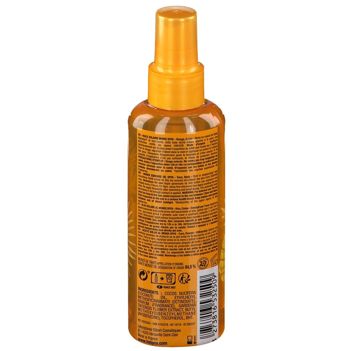 Dos du flacon de spray d'huile solaire. Texte avec ingrédients et informations. Inscription : HEI POA. Avec divers symboles et logos.