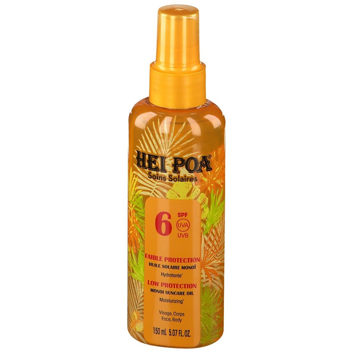 Flacon de spray d'huile solaire avec tête de pulvérisation jaune. Inscription : HEI POA, SPF 6. Avec des imprimés de feuilles et de fleurs. Flacon de 150 ml.