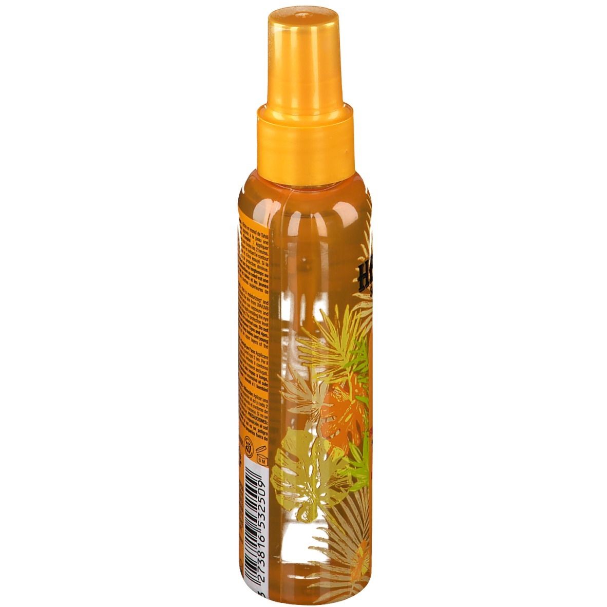 Flacon de spray d'huile solaire, jaune-orange. Inscription : HEI POA. Imprimé avec des feuilles et des fleurs. Dos avec texte et ingrédients.