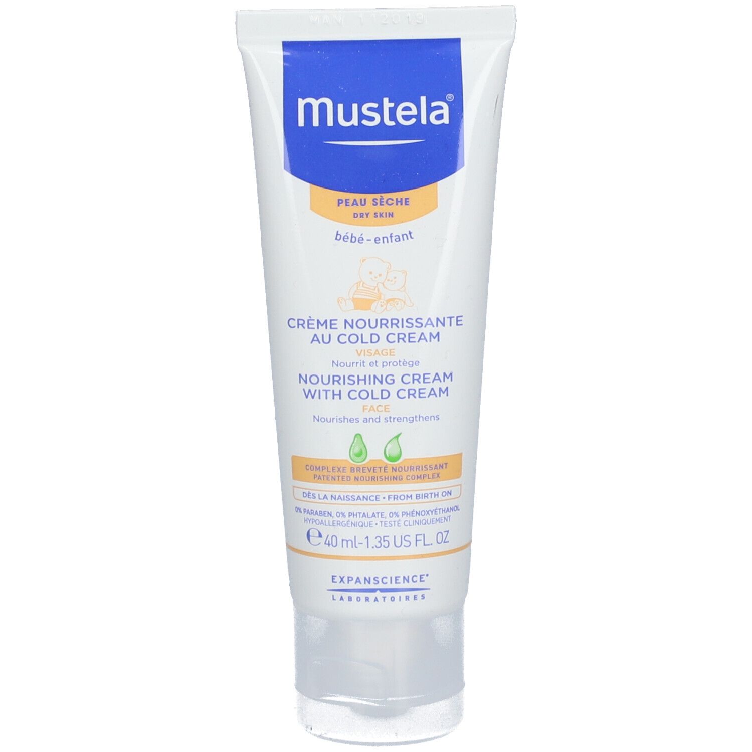 Tube de crème Mustela. Texte: Peau sèche, bébé-enfant, Crème Nourrissante au Cold Cream. 40 ml.