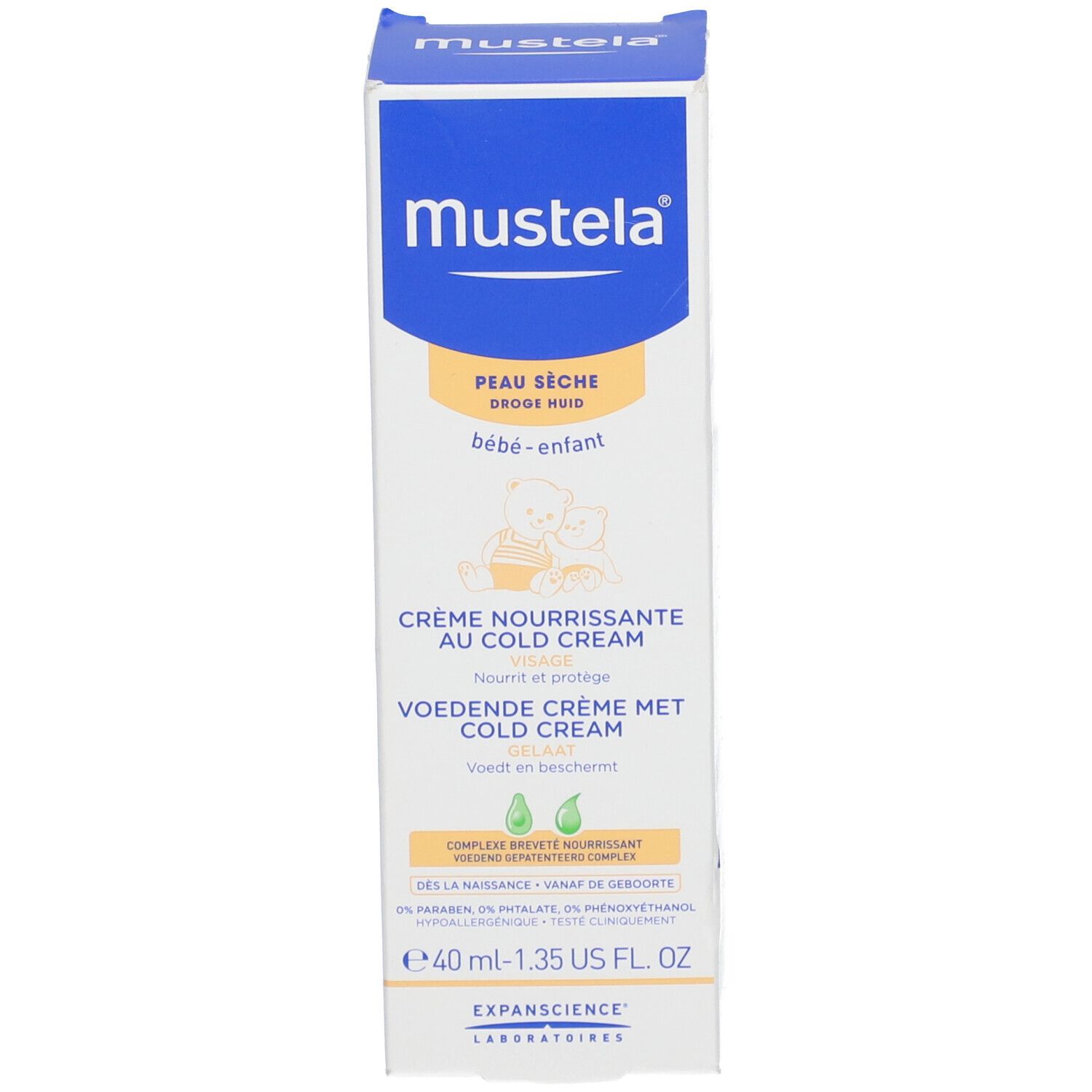 Emballage du produit. Texte: Mustela, Peau Seche, Bébé-enfant, Crème Nourrissante, 40 ml.
