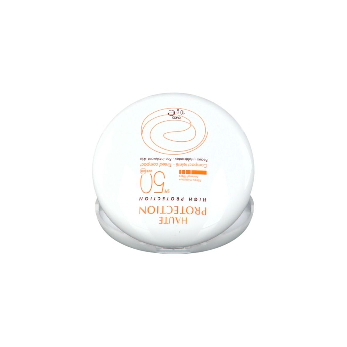 Weißer Kompaktpuder. Aufschrift: HAUTE PROTECTION, SPF 50, für intolerante Haut. 10g.