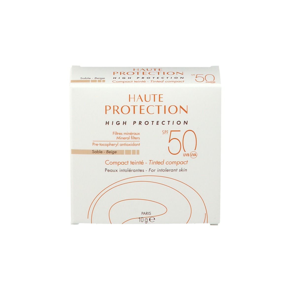 Verpackung des Kompaktpuders. Aufschrift: HAUTE PROTECTION, SPF 50, für intolerante Haut. 10g.