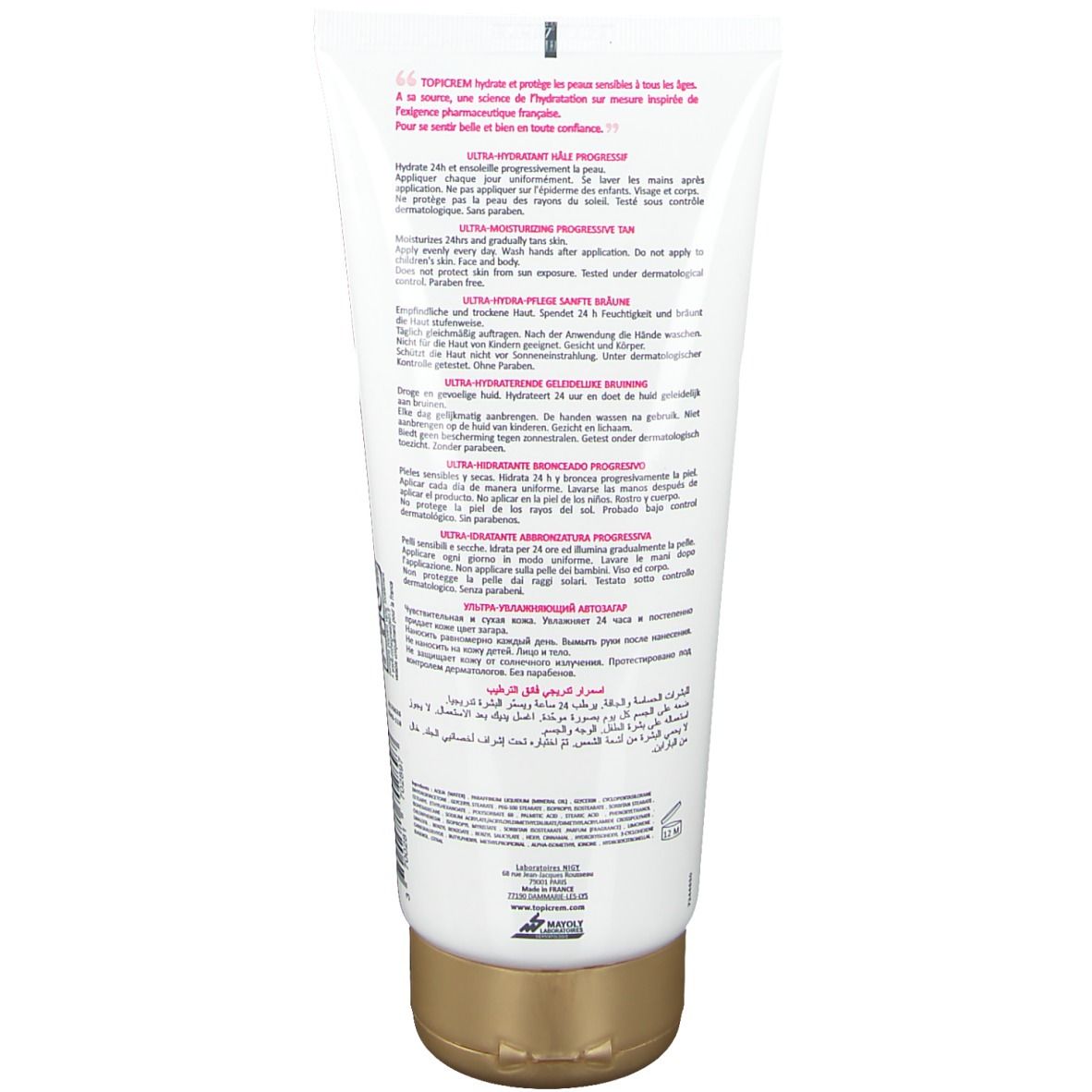 Rückseite der Tube. Text in mehreren Sprachen. Goldfarbener Verschluss. Produktname: TOPICREM Ultra-hydratisierende progressive Bräunungscreme.