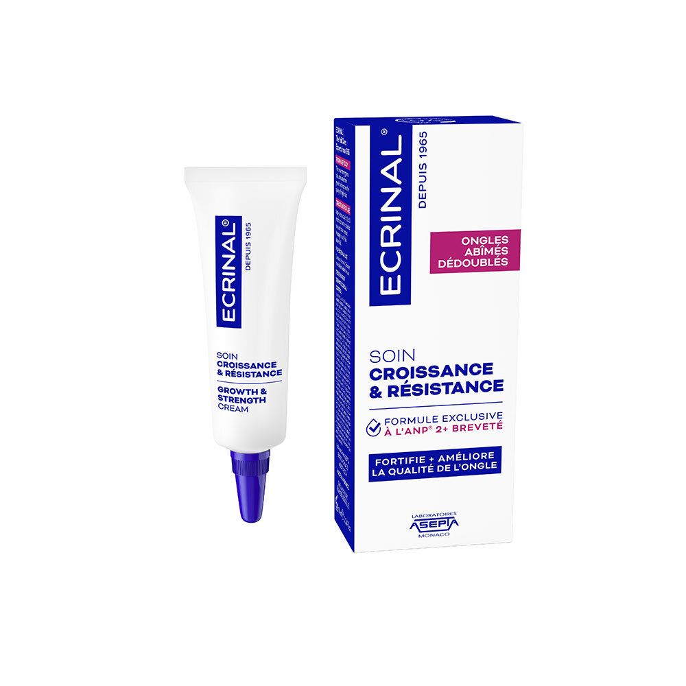Ecrinal Nagelpflege-Creme, Wachstum & Widerstandskraft, 10 ml Tube mit blauem Applikator und Faltschachtel.