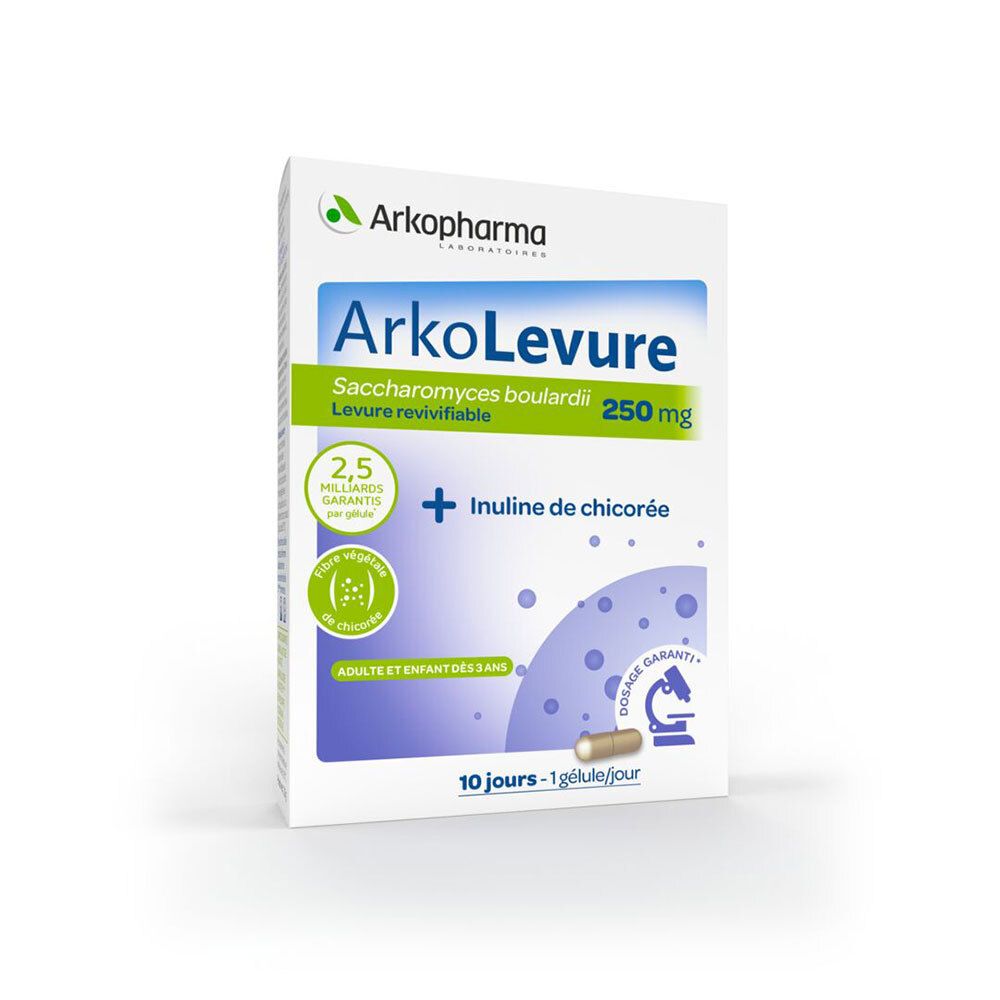 Weiße Schachtel mit Arkopharma-Logo und Produktnamen Arkolevure 250 mg. Enthält 10 Kapseln. Mit Inulin und 2,5 Milliarden Bakterien.