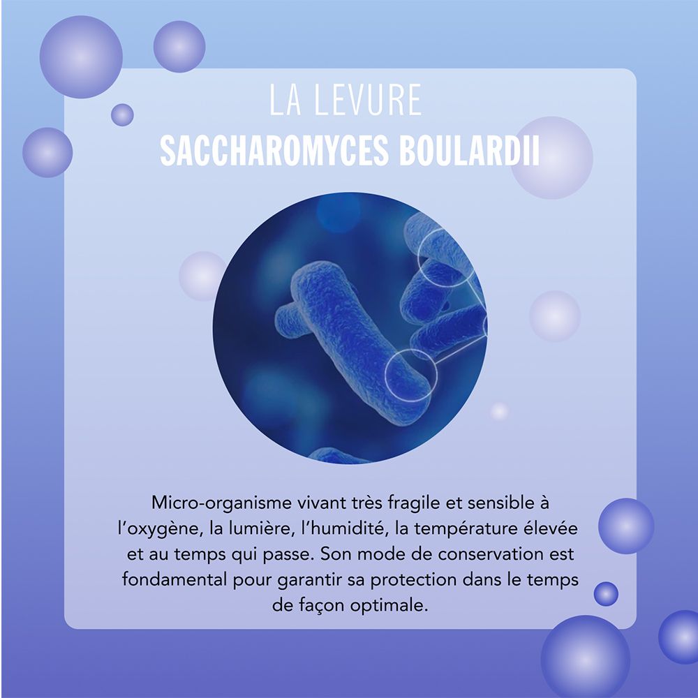 Mikroorganismus Saccharomyces boulardii. Abbildung eines Bakteriums in blauem Kreis. Text über die Empfindlichkeit gegenüber Sauerstoff, Licht und Temperatur.