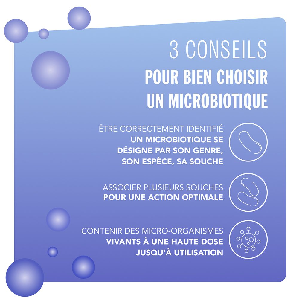 3 Tipps zur Auswahl eines Mikrobiotikums. Identifizierung nach Gattung, Art und Stamm. Kombination mehrerer Stämme. Hohe Dosis lebender Mikroorganismen.