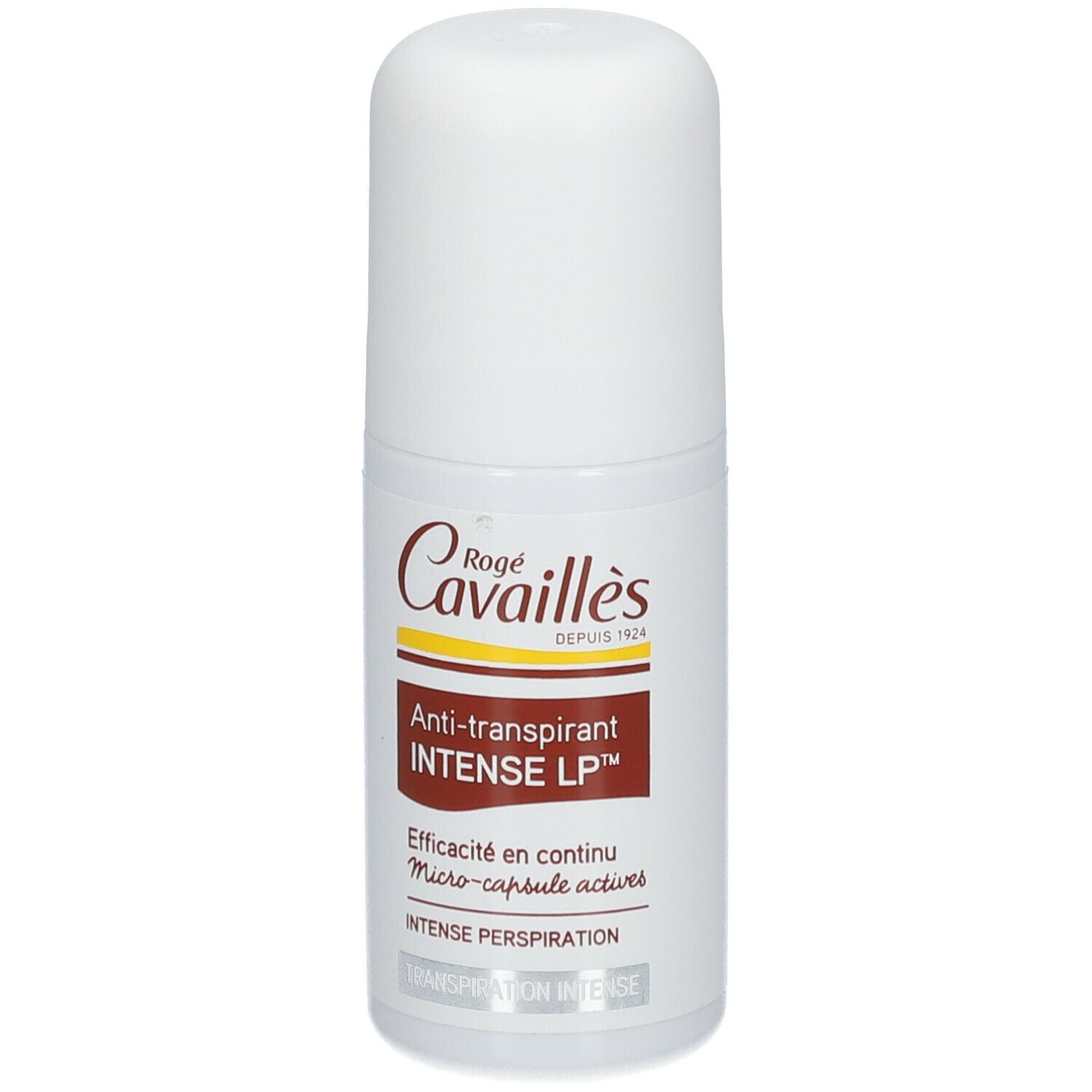 Roll-on blanc Rogé Cavaillès. Étiquette marron avec texte: Anti-transpirant INTENSE LP.