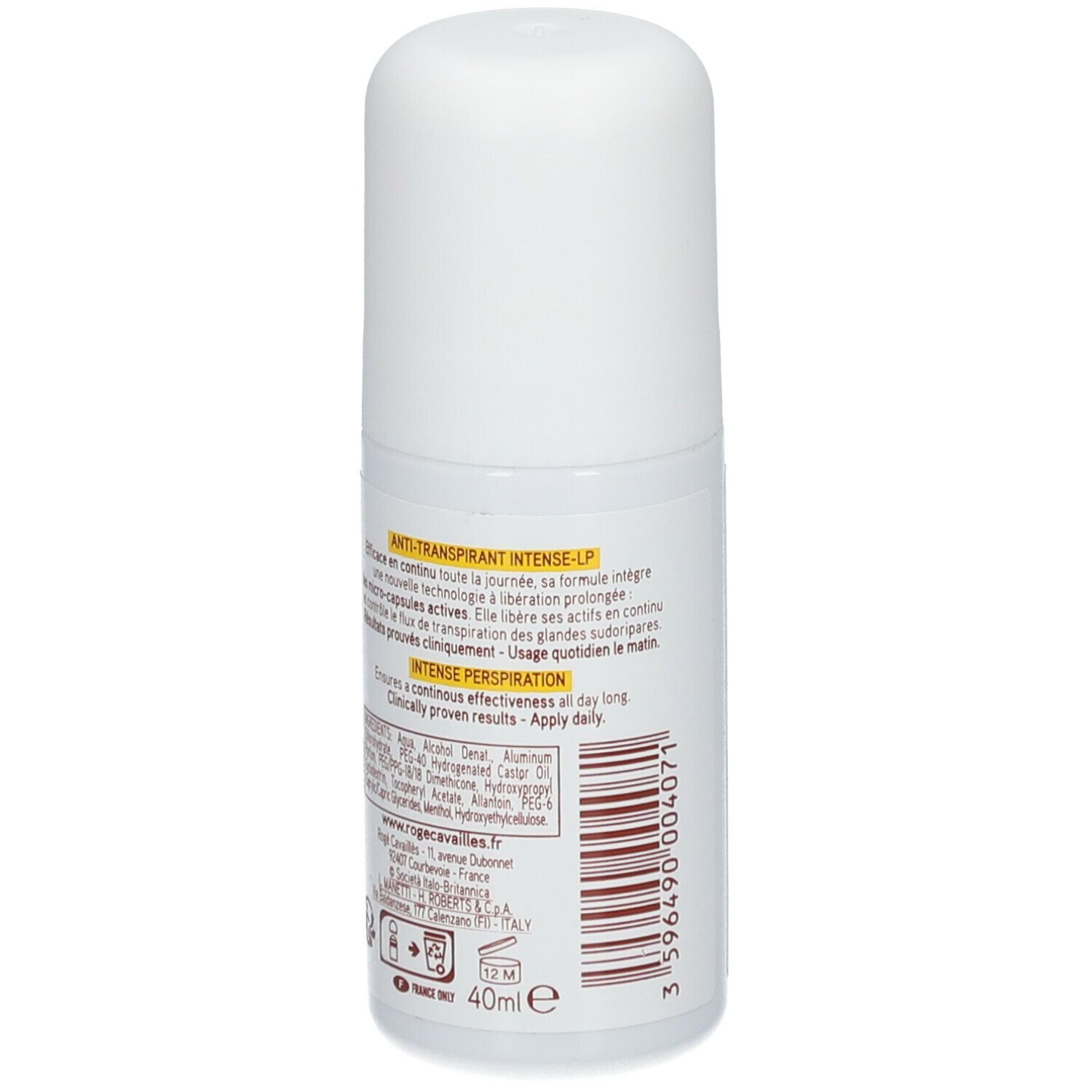 Roll-on blanc Rogé Cavaillès. Dos avec texte, ingrédients et logo.