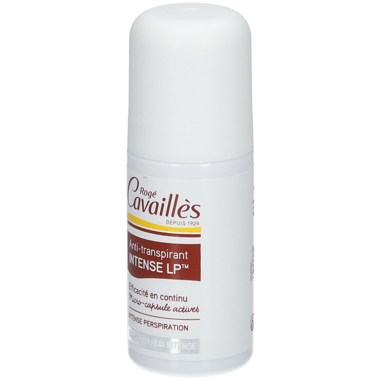 Roll-on blanc Rogé Cavaillès. Étiquette marron avec texte: Anti-transpirant INTENSE LP.
