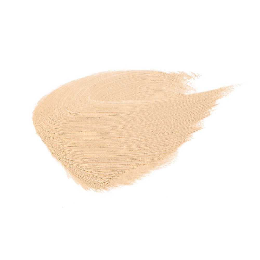 Échantillon de fond de teint clair, couleur crème, sur fond blanc. La texture est visible et présente un fini mat.