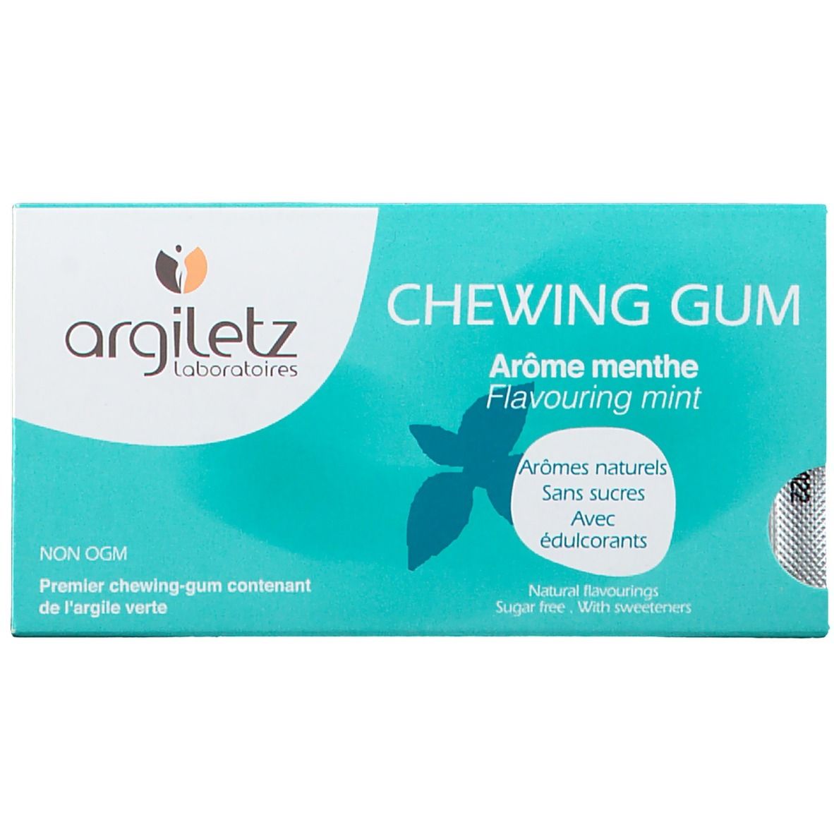 Hellblaue Schachtel mit weißem Feld. Aufschrift: argiletz, CHEWING GUM, Aromen Minze. Enthält natürliche Aromen, zuckerfrei.