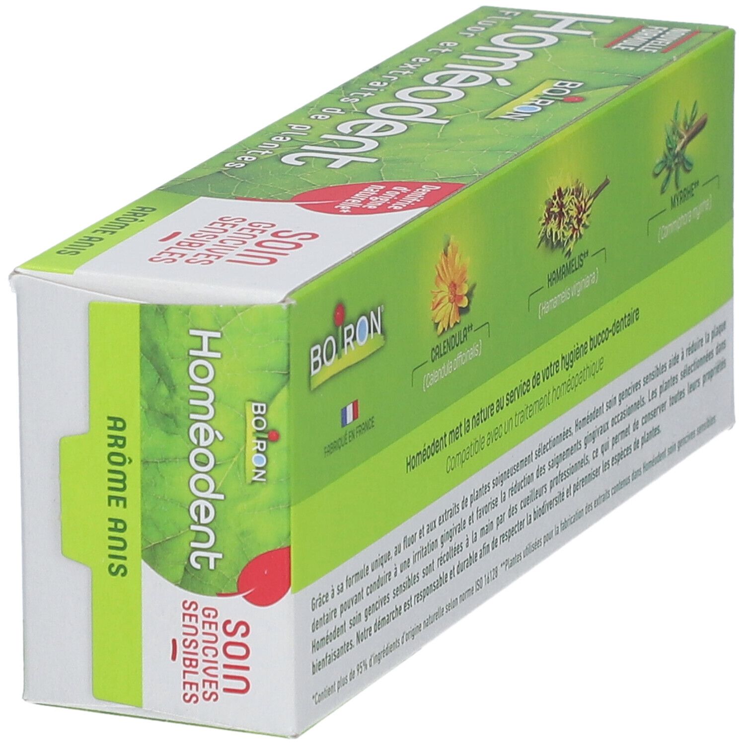 Zahncreme-Verpackung. Grün mit 'Homeodent' und 'Boiron' Logo. Text: 'Fluor et extraits de plantes'.
