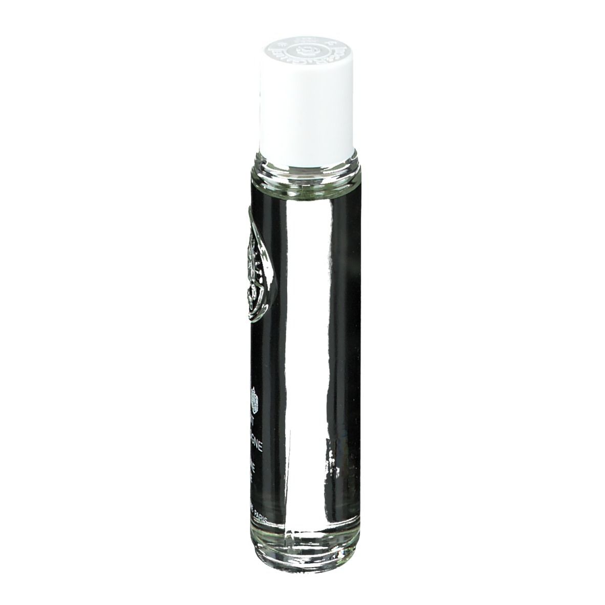 Schlanker, klarer Flakon mit weißem Deckel. Aufschrift: Extrait de Cologne, Verbena Utopia. Logo.