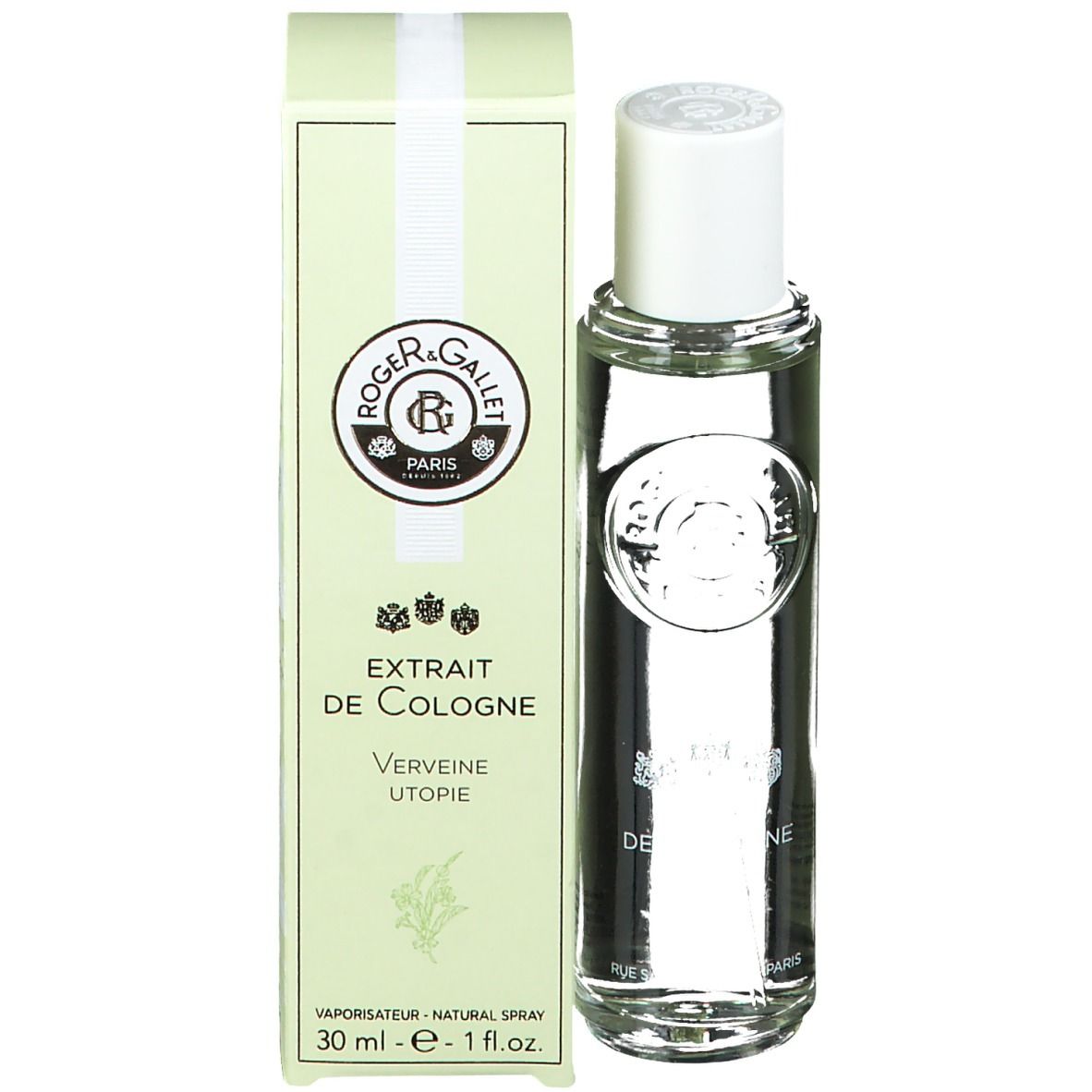 Produkt mit Verpackung. Flakon mit weißem Deckel und Karton. Aufschrift: Extrait de Cologne, Verbena Utopia. Logo.