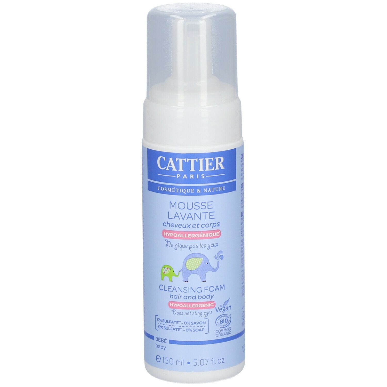 Weiß-blaue Flasche mit Pumpaufsatz. Aufschrift CATTIER PARIS, Mousse Lavante, Cleansing Foam. Illustrationen von Tieren.