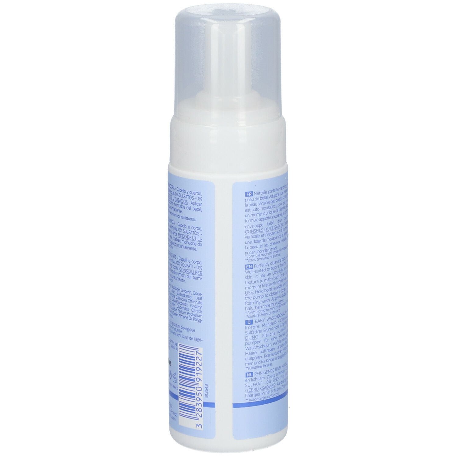 Rückseite einer weißen Flasche mit Pumpaufsatz. Text in mehreren Sprachen. Barcode und Produktinformationen.