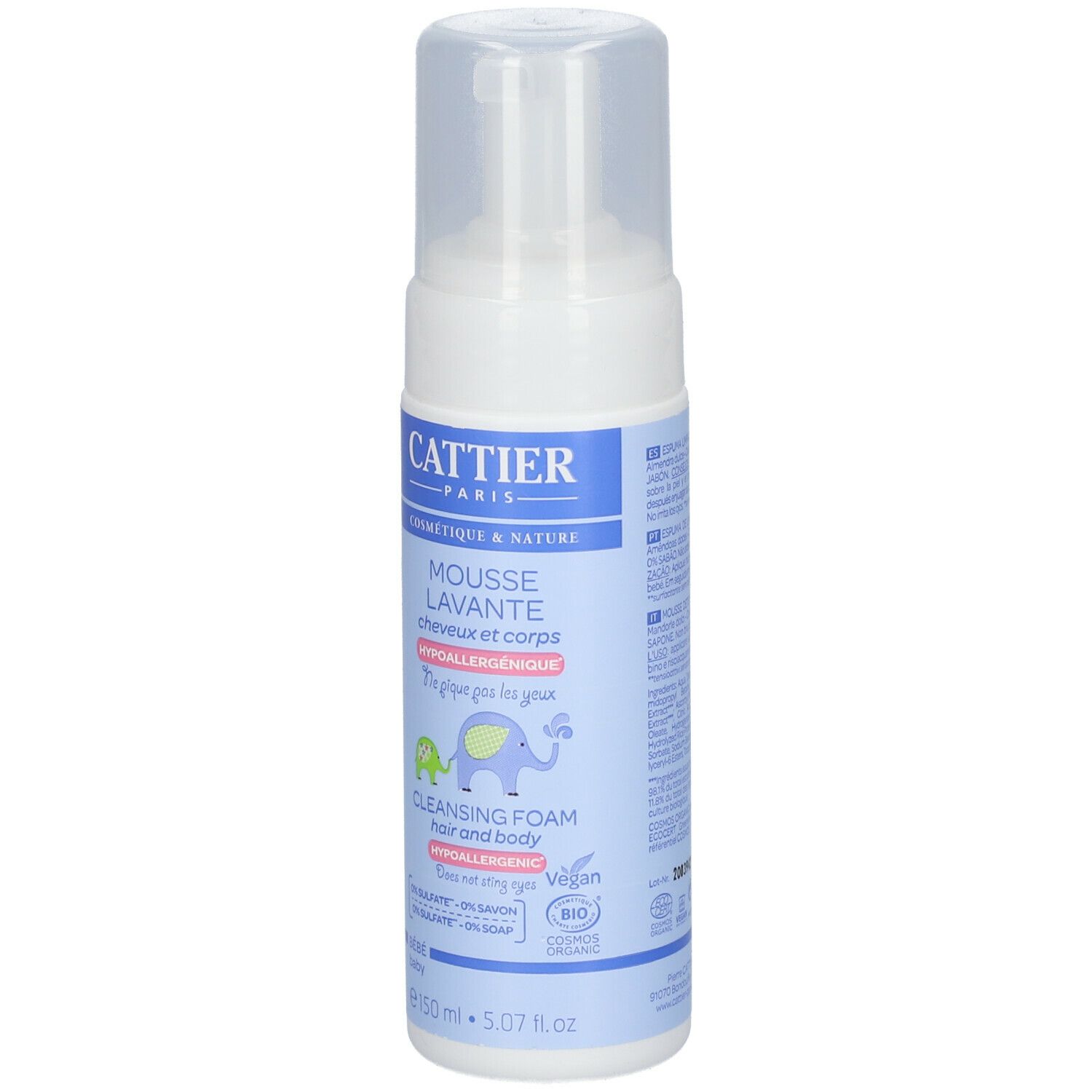 Weiß-blaue Flasche mit Pumpaufsatz. Aufschrift CATTIER PARIS, Mousse Lavante, Cleansing Foam. Illustrationen von Tieren.
