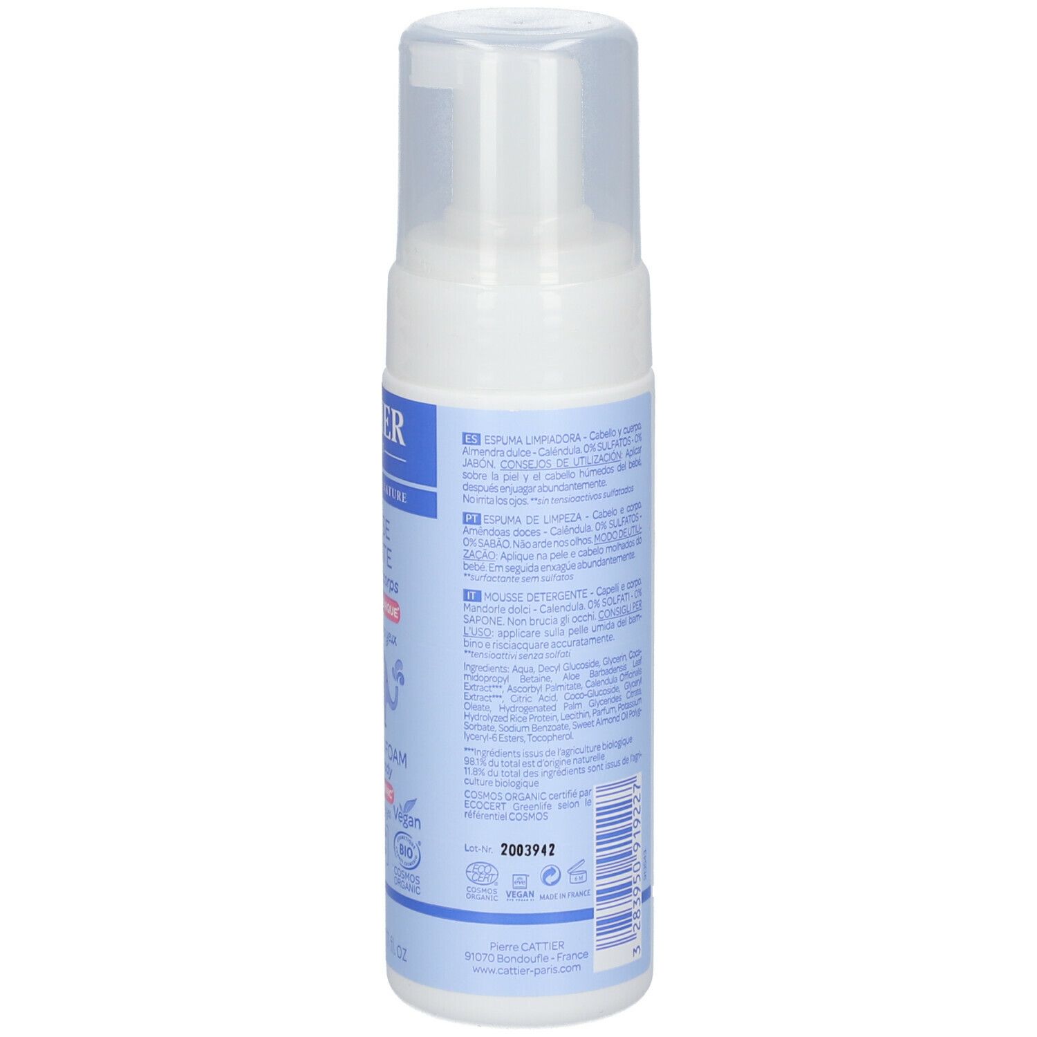 Rückseite einer weißen Flasche mit Pumpaufsatz. Text in mehreren Sprachen. Barcode und Produktinformationen.
