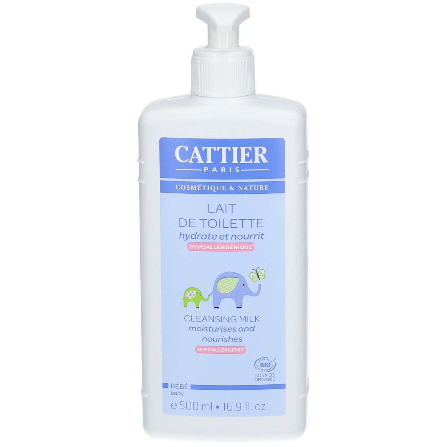 Weiße Flasche mit Pumpverschluss. Aufschrift: Cattier Paris, Lait de Toilette, hydratant et nourrit. Mit Illustrationen.