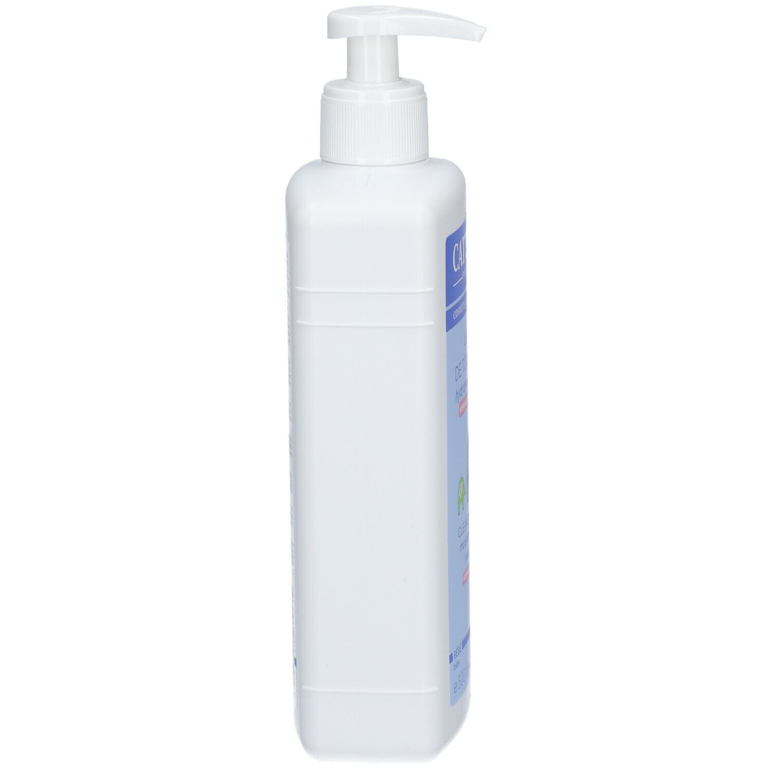 Weiße, rechteckige Flasche mit Pumpverschluss. Seitenansicht. Keine weiteren Details sichtbar.