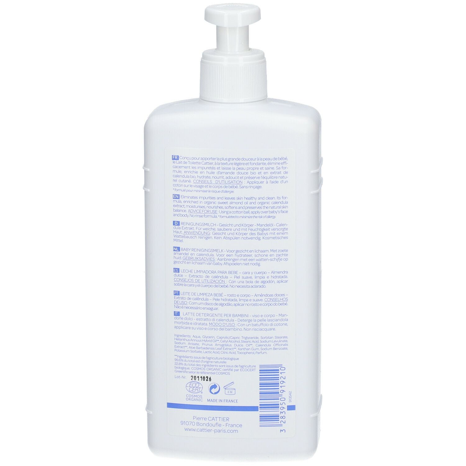 Rückseite einer weißen Flasche mit Pumpverschluss. Text in mehreren Sprachen. Keine Produktabbildung.
