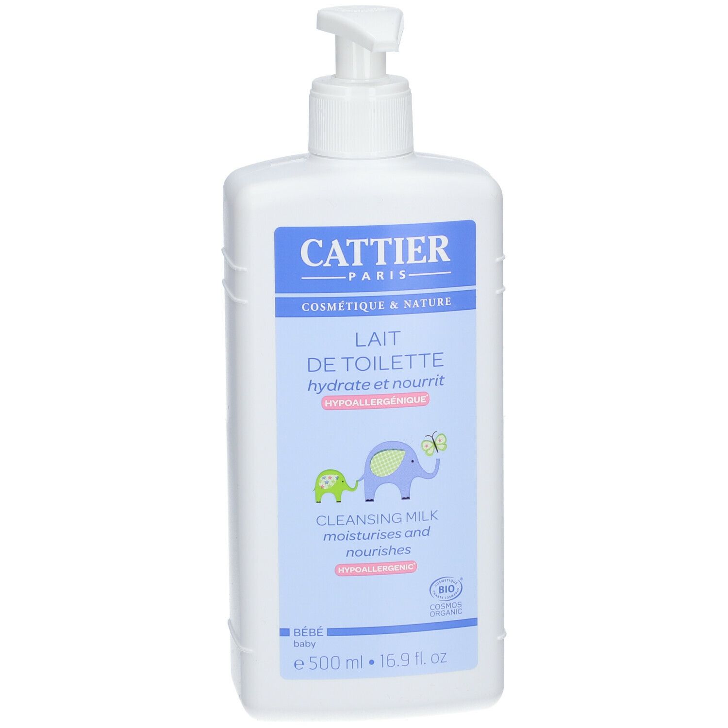 Weiße Flasche mit Pumpverschluss. Aufschrift: Cattier Paris, Lait de Toilette, hydratant et nourrit. Mit Illustrationen.