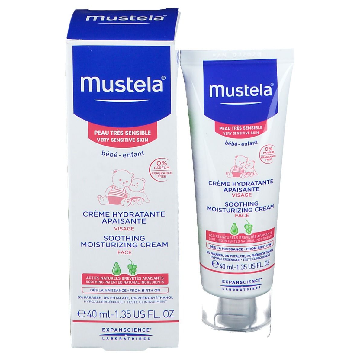 Emballage du produit avec tube et boîte. Les deux affichent le nom et le logo du produit. 40 ml.