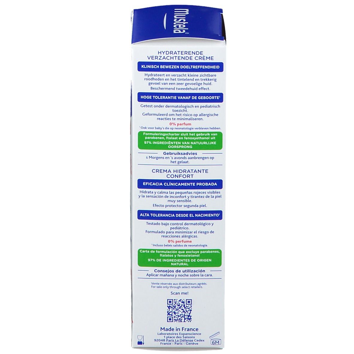 Dos de l'emballage du produit avec informations et ingrédients. Texte multilingue.