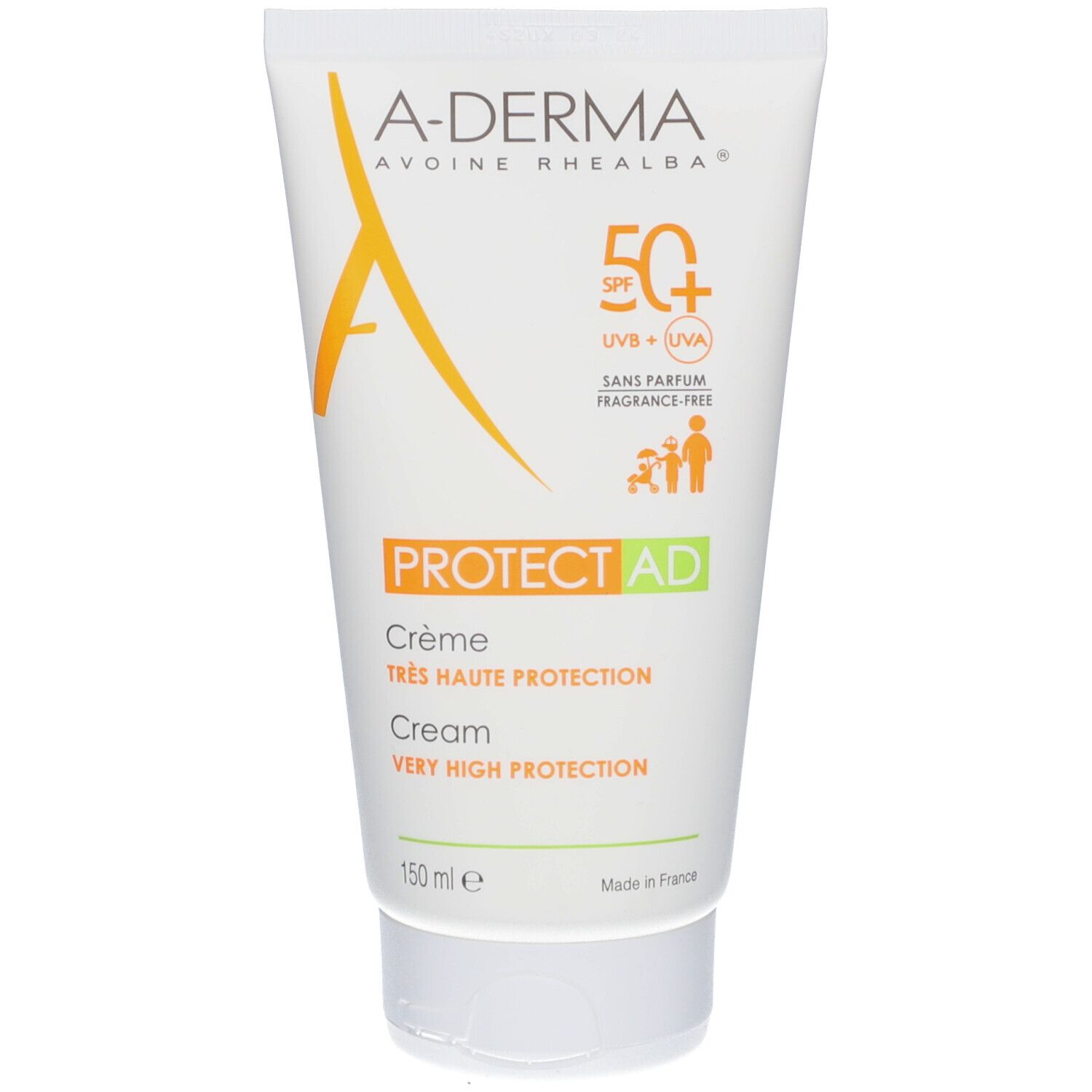 Tube A-Derma Protect AD. Logo orange et texte. SPF50+. Crème pour peaux atopiques. 150 ml. Sans parfum. Résistant à l'eau.