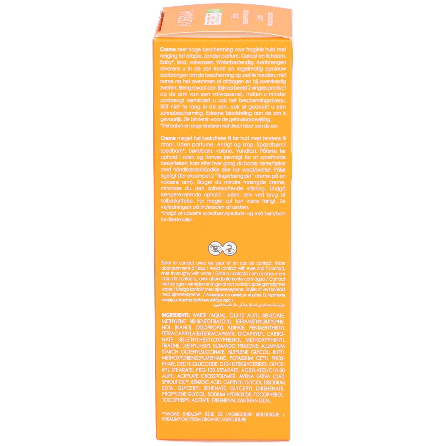 Dos de l'emballage A-Derma Protect AD. Texte multilingue. Informations d'utilisation et ingrédients.