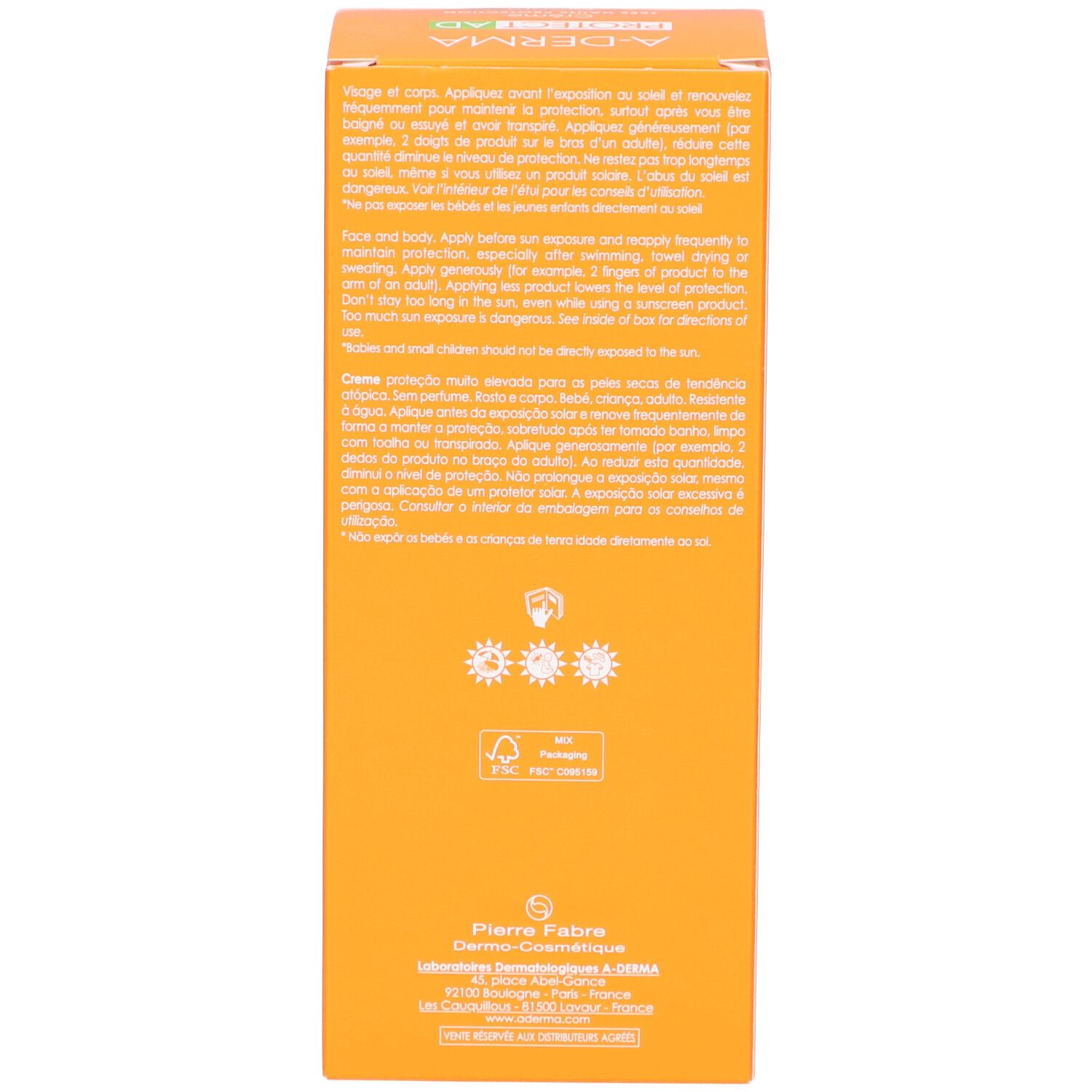 Dos de l'emballage A-Derma Protect AD. Texte multilingue. Informations d'utilisation et ingrédients.