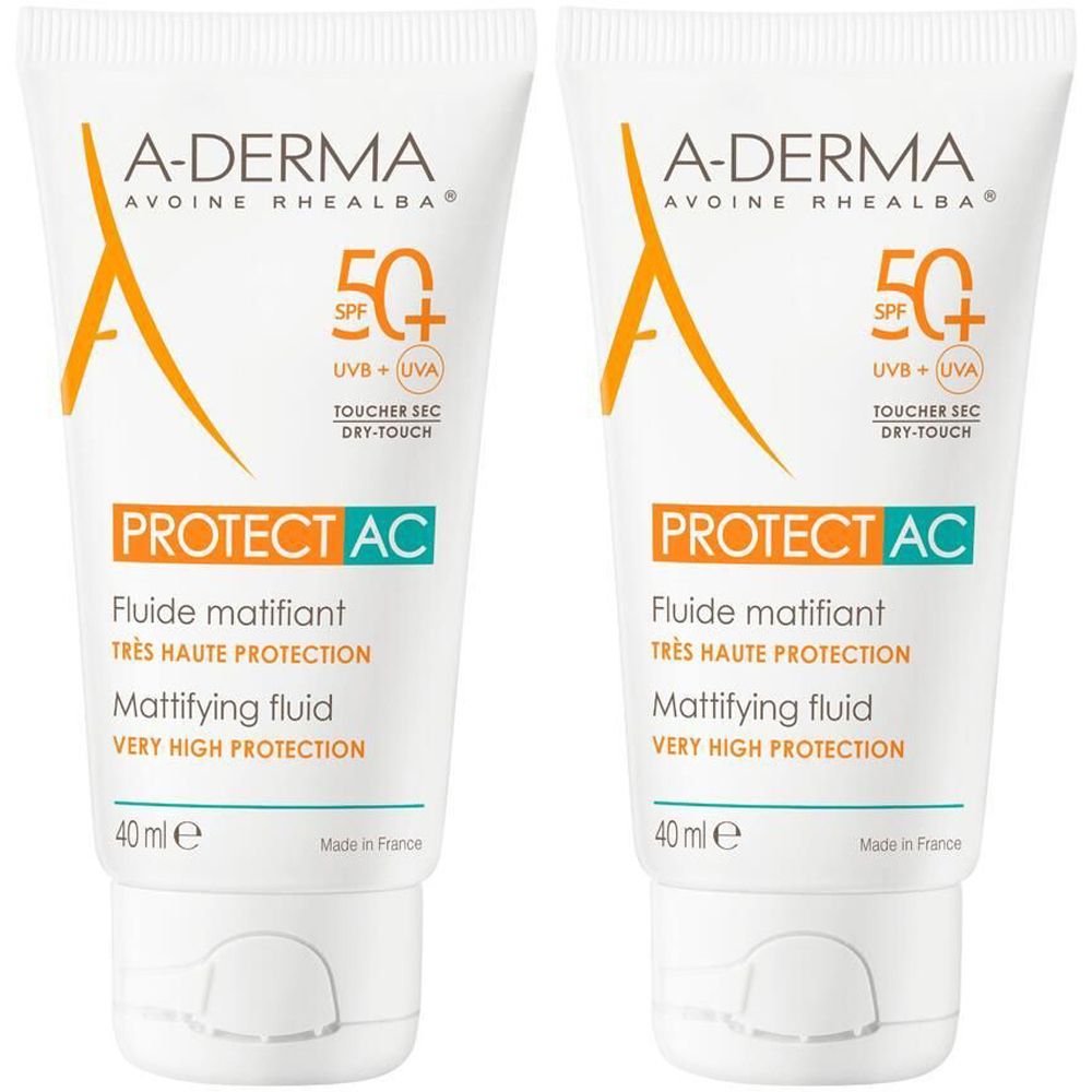 Deux tubes A-Derma Protect AC côte à côte. Fluide matifiant, SPF 50+. Tubes blancs, logo orange.