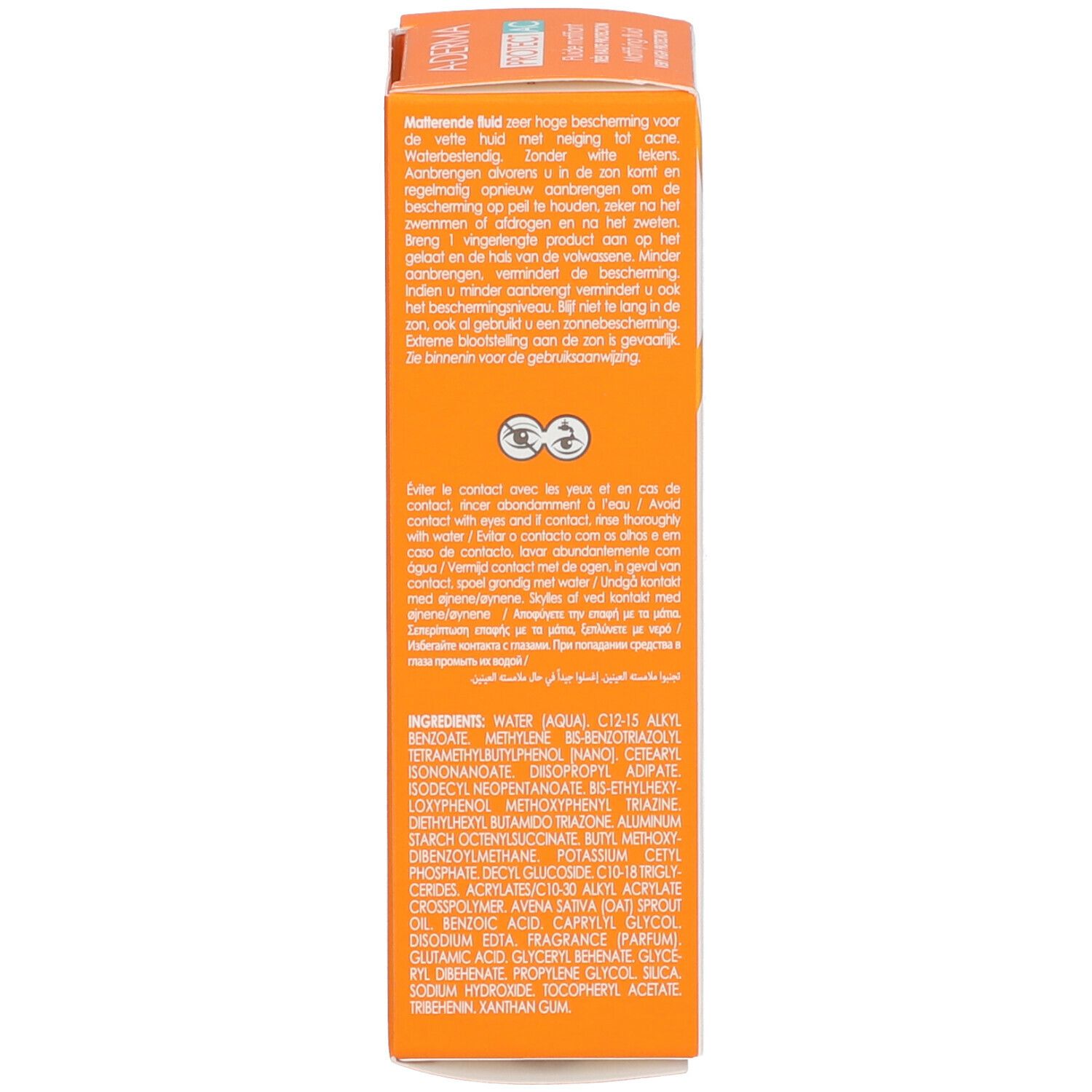 Dos de l'emballage A-Derma Protect AC. Texte multilingue. Informations d'utilisation.