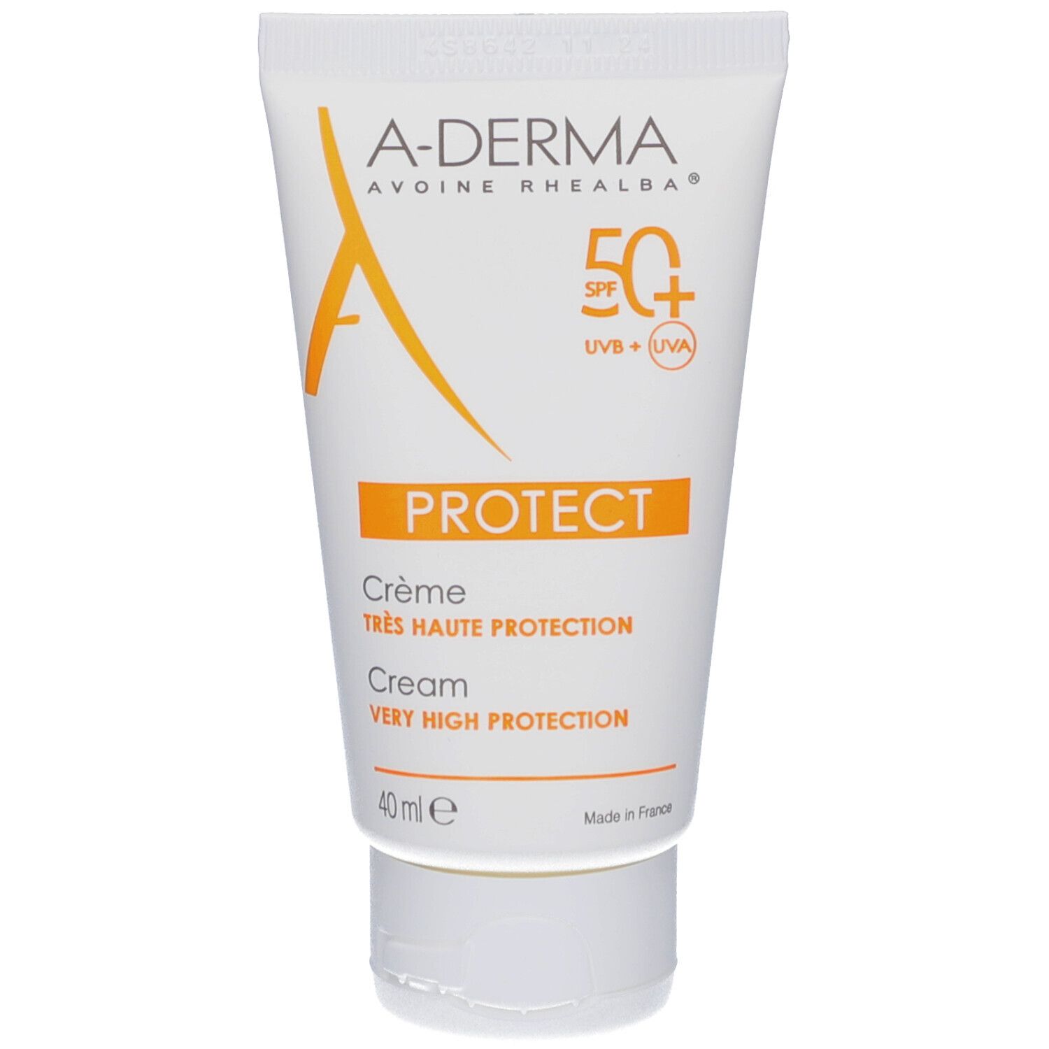 Weiße Tube A-DERMA Protect Creme LSF 50+. Orangefarbenes Logo und Schrift. Text: PROTECT, Crème, 40 ml.