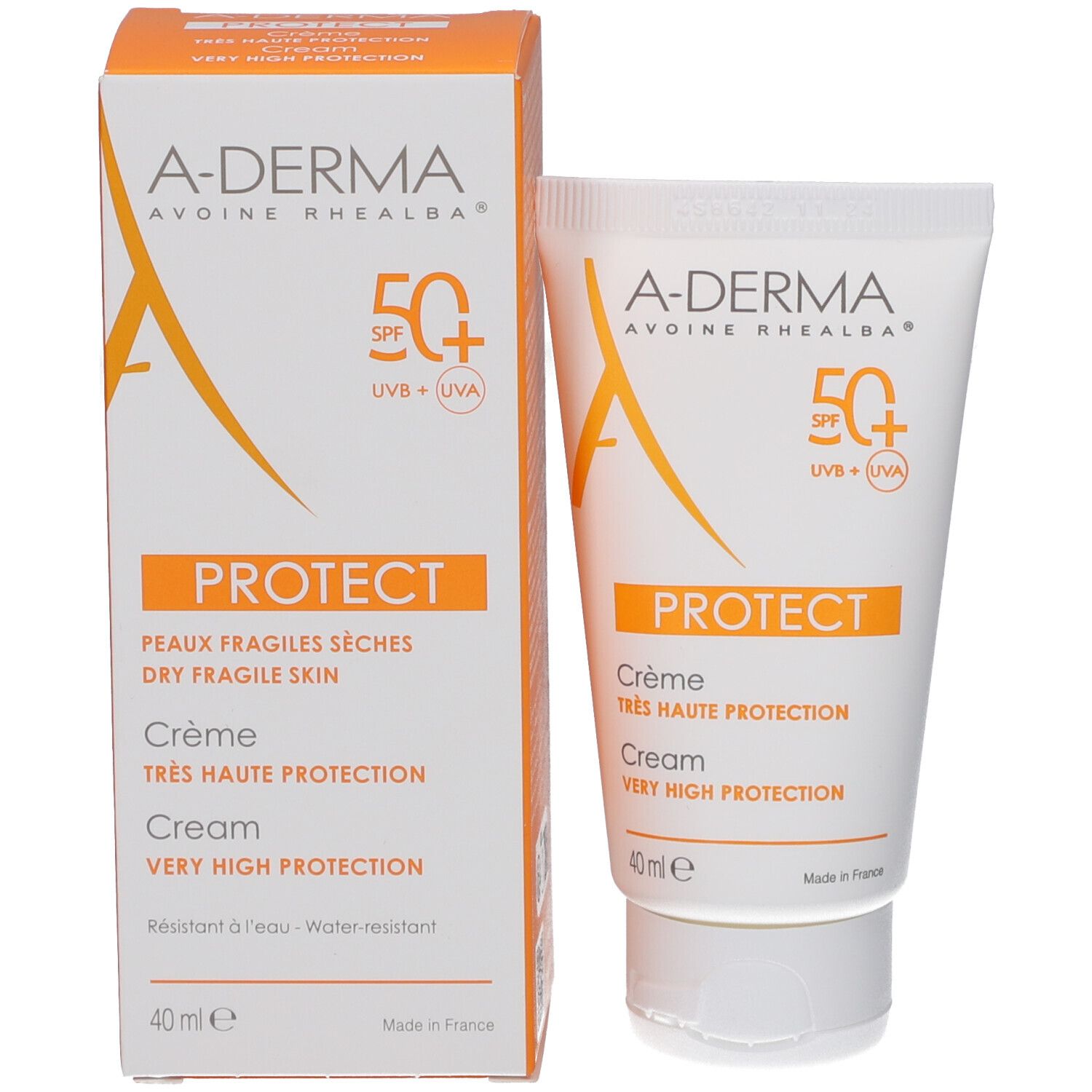 A-DERMA Protect Creme LSF 50+ und Verpackung. Orangefarbenes Design. Text: PROTECT, 40 ml.
