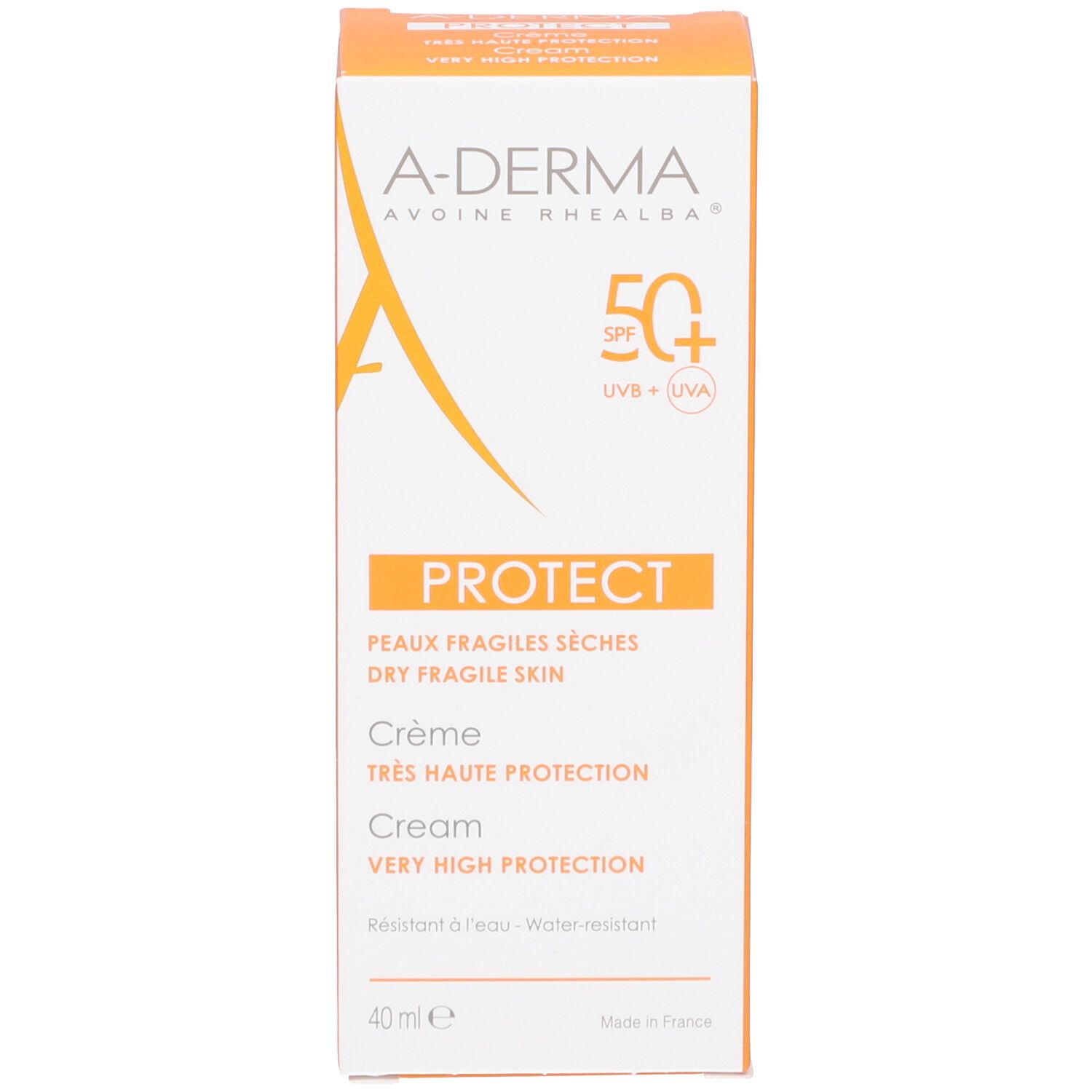 A-DERMA Protect Creme LSF 50+ in Kartonverpackung. Orangefarbenes Design. Text: PROTECT, 40 ml.