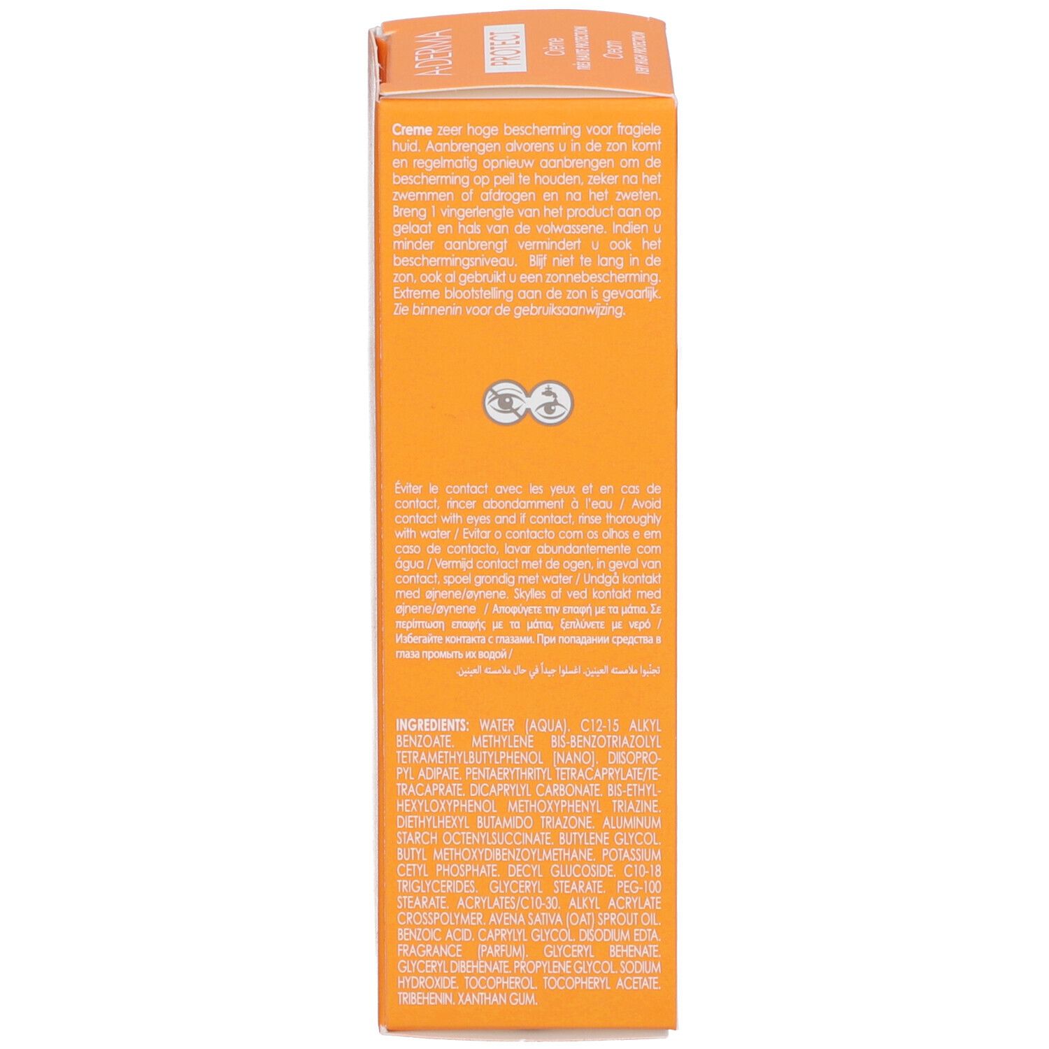 Rückseite der Kartonverpackung A-DERMA Protect Creme. Text in mehreren Sprachen. Inhaltsstoffe.