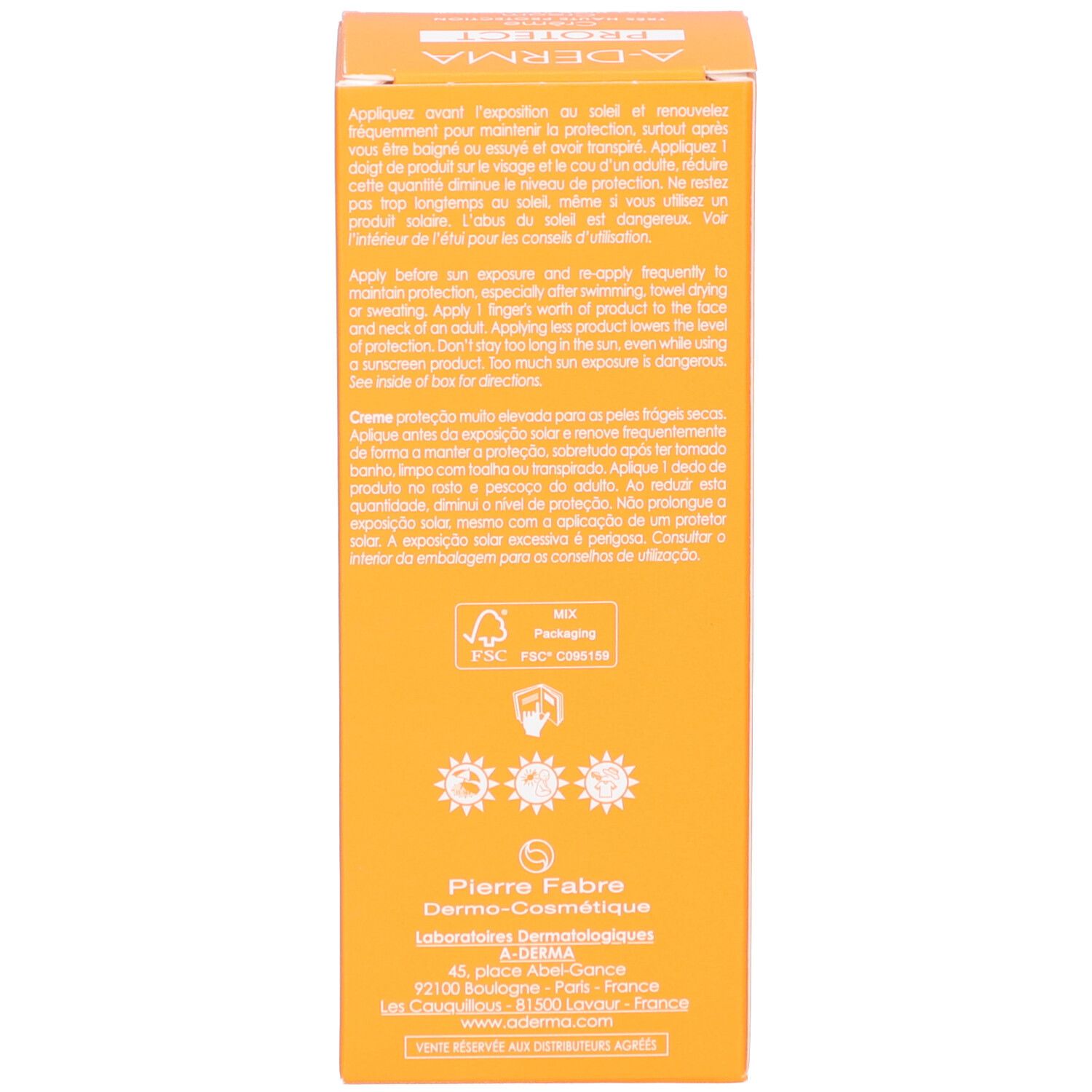 Rückseite der Kartonverpackung A-DERMA Protect Creme. Text in mehreren Sprachen. Anwendungshinweise.