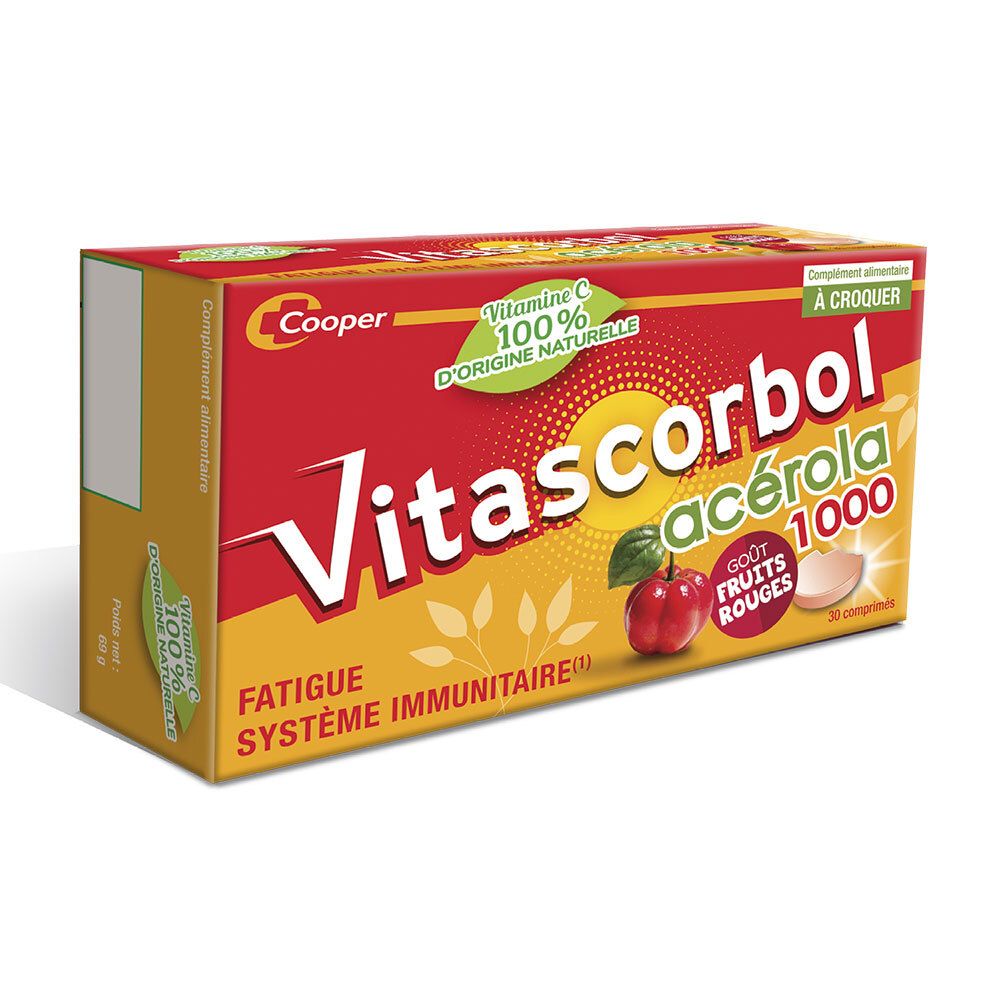 Boîte rouge Vitascorbol Acerola 1000. Contient 30 comprimés. Marque Cooper. Vitamine C.