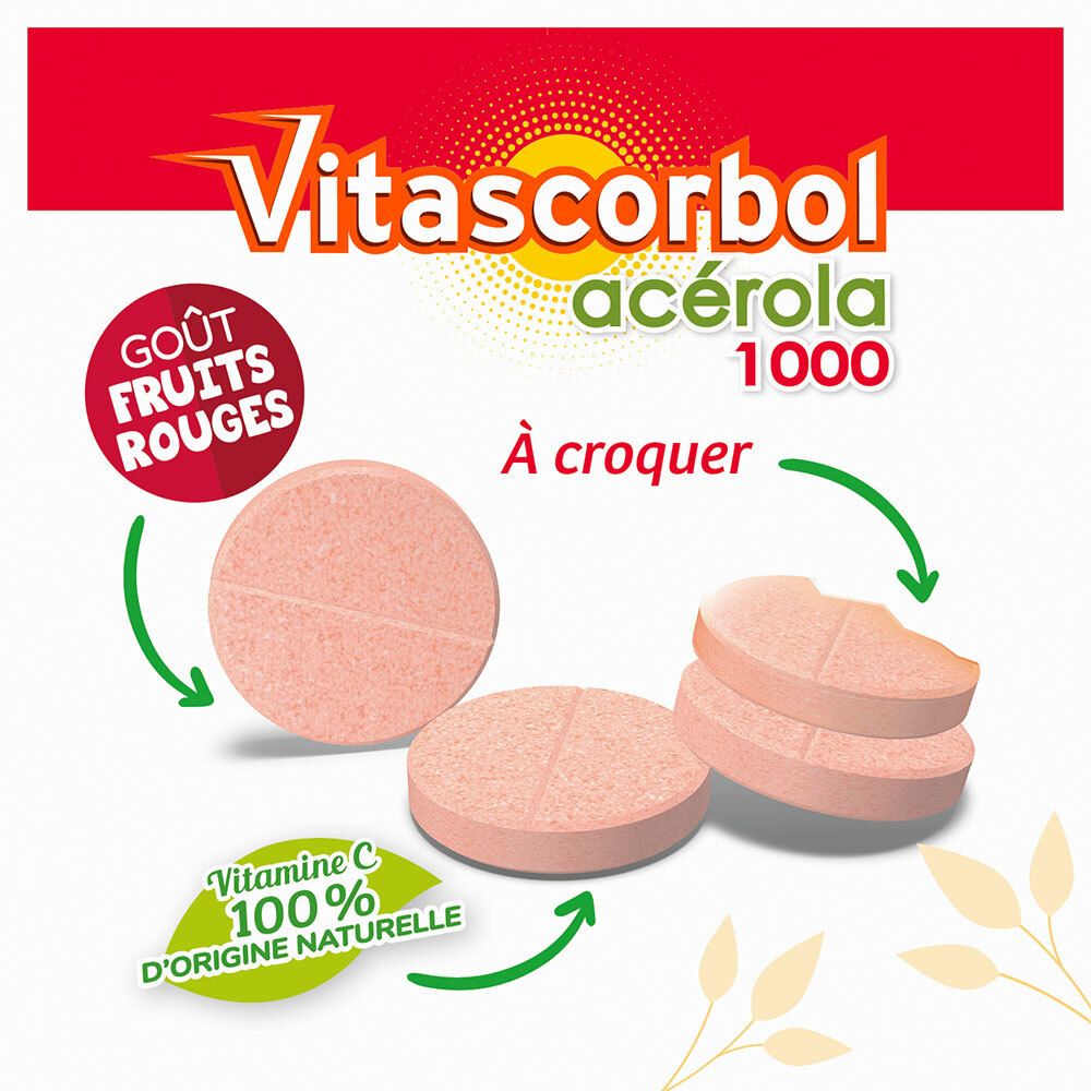 Femme prend un comprimé. Texte: 1 comprimé par jour. À croquer ou sucer, de préférence le matin.