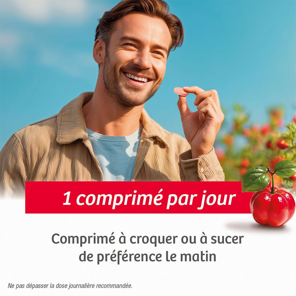 Trois comprimés et symboles. Texte: La vitamine C contribue à réduire la fatigue. Système nerveux.