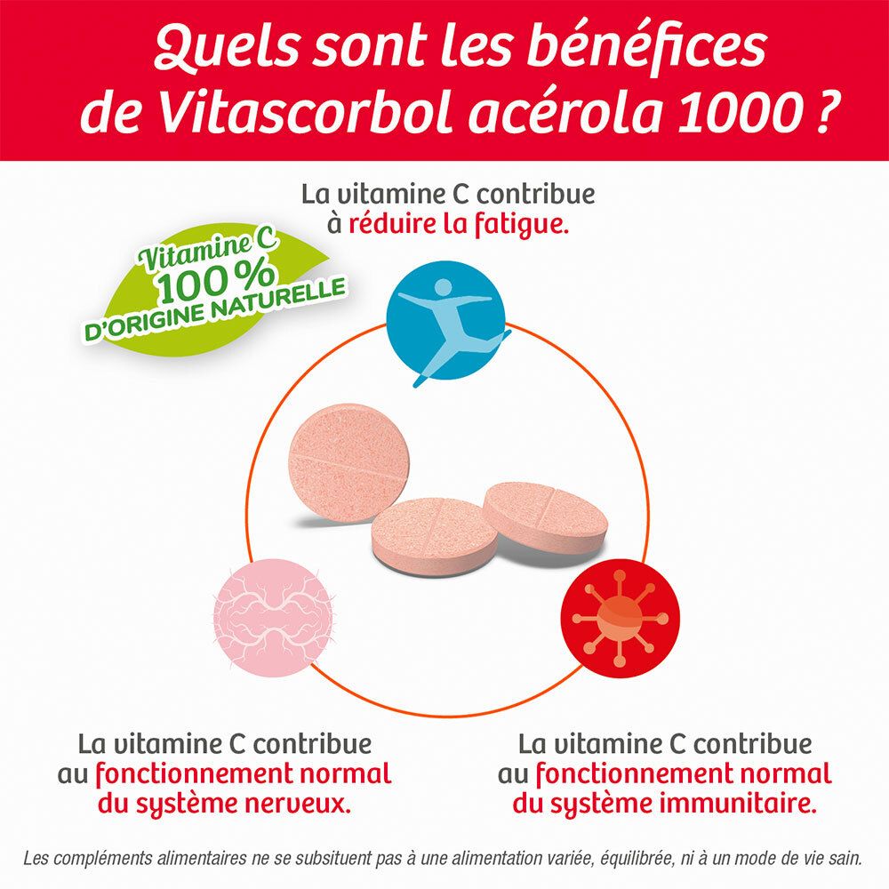 Texte: 1 comprimé = 1000 mg de vitamine C = 180 mg vitamine C 100% naturelle.