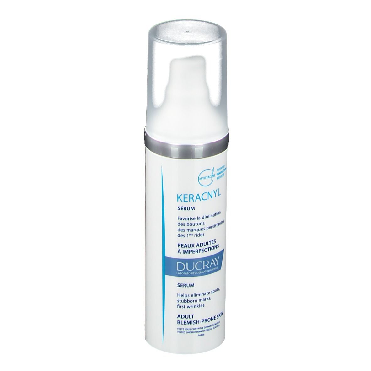 Serum-Flasche. Weiß mit Pumpe. Aufschrift: KERACNYL, DUCRAY. Für unreine Haut.