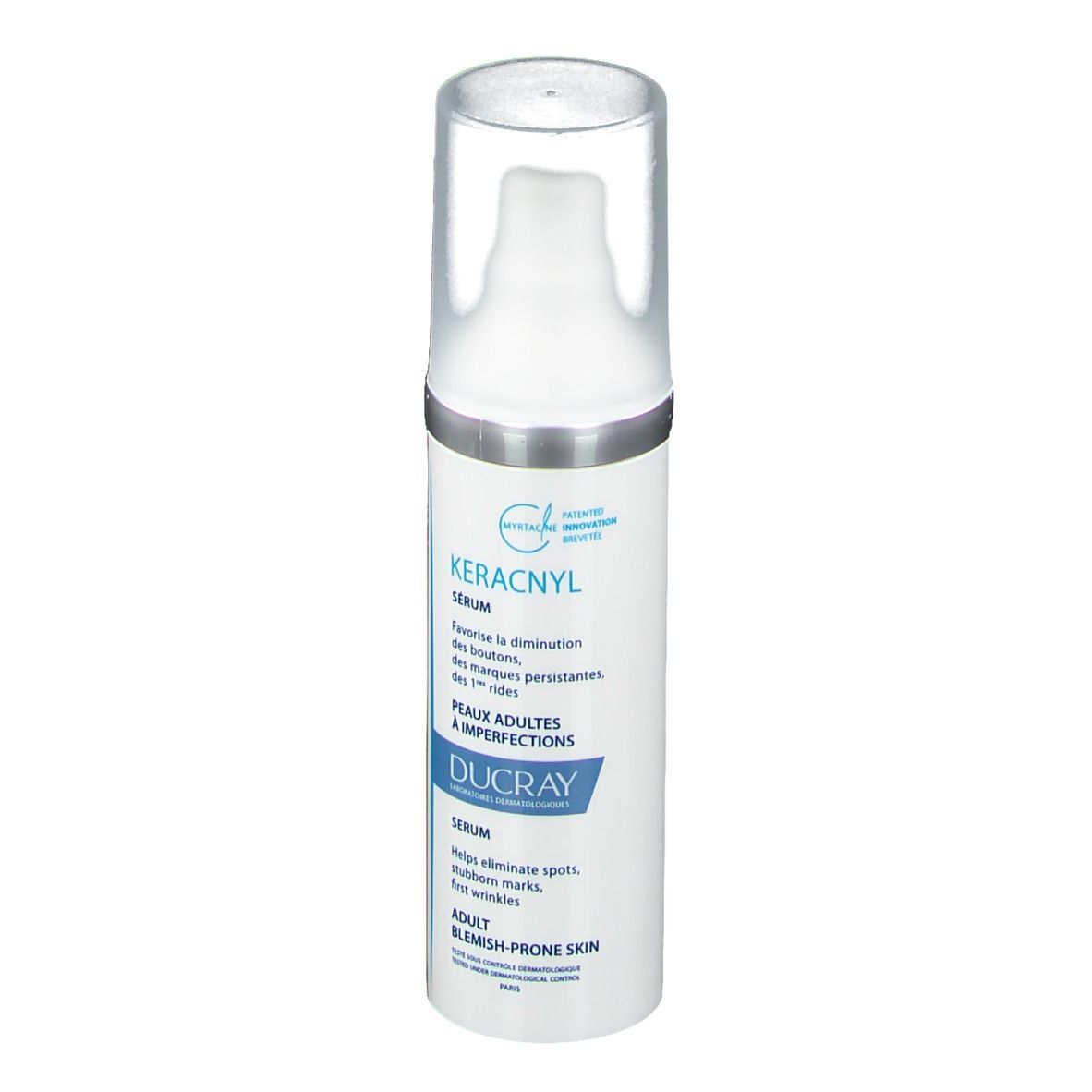 Serum-Flasche. Weiß mit Pumpe. Aufschrift: KERACNYL, DUCRAY. Für unreine Haut.
