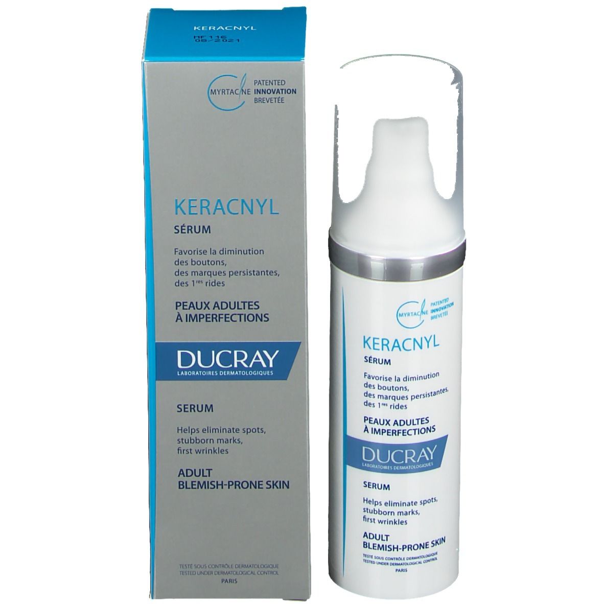Serum-Flasche und Verpackung. Aufschrift: KERACNYL, DUCRAY. Für unreine Haut. Mit Box.