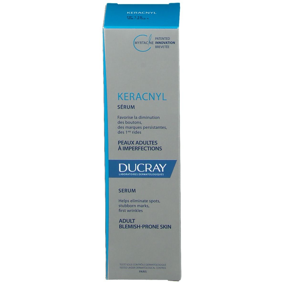 Verpackung. Aufschrift: KERACNYL, DUCRAY. Für unreine Haut. Blaue und weiße Farben.
